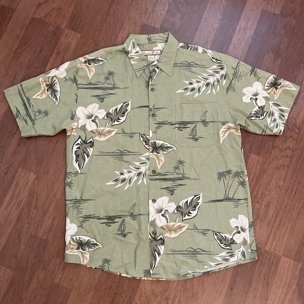 Paradise Blue Men's Large Silk Blend Green Palm Tree Hawaiian Button Up Shirt